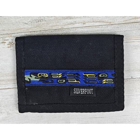 Vtg SILVERFOOT Minimalist Black Nylon Bifold Wallet Blue Raven Pattern Canada - Picture 1 of 8